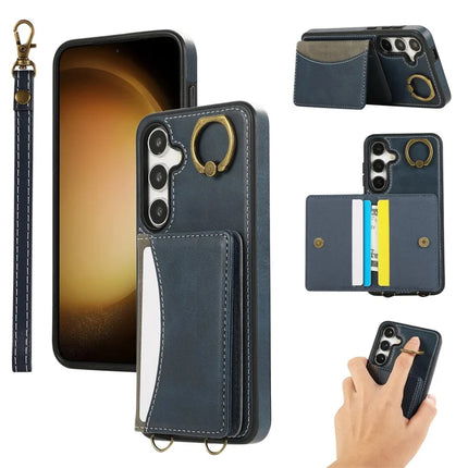 For Samsung Galaxy S24 PU Leather Back Case Card Holder Kickstand Phone Cover with Wrist Strap - Blue