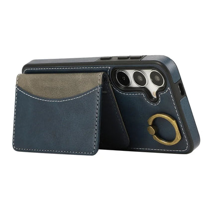 For Samsung Galaxy S24 PU Leather Back Case Card Holder Kickstand Phone Cover with Wrist Strap