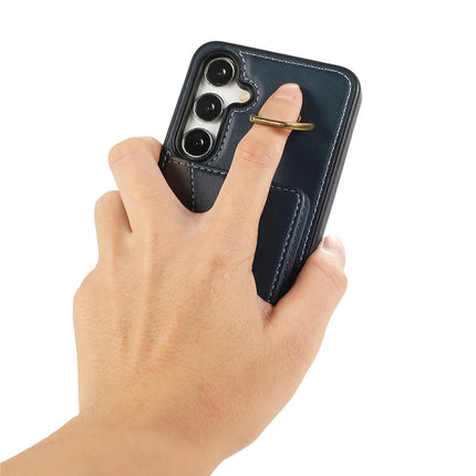 For Samsung Galaxy S24 PU Leather Back Case Card Holder Kickstand Phone Cover with Wrist Strap
