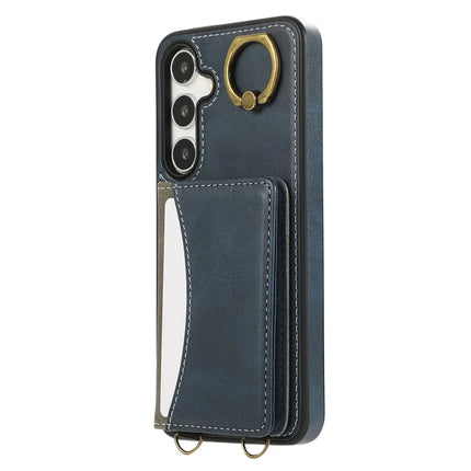 For Samsung Galaxy S24 PU Leather Back Case Card Holder Kickstand Phone Cover with Wrist Strap