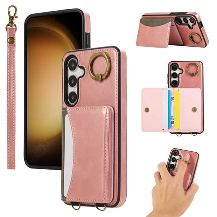 For Samsung Galaxy S24 PU Leather Back Case Card Holder Kickstand Phone Cover with Wrist Strap - Pink