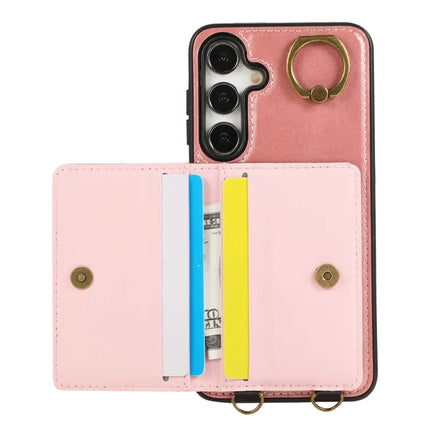 For Samsung Galaxy S24 PU Leather Back Case Card Holder Kickstand Phone Cover with Wrist Strap