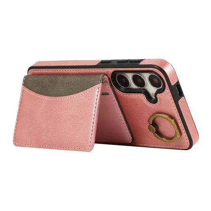For Samsung Galaxy S24 PU Leather Back Case Card Holder Kickstand Phone Cover with Wrist Strap
