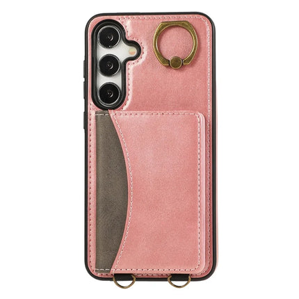 For Samsung Galaxy S24 PU Leather Back Case Card Holder Kickstand Phone Cover with Wrist Strap