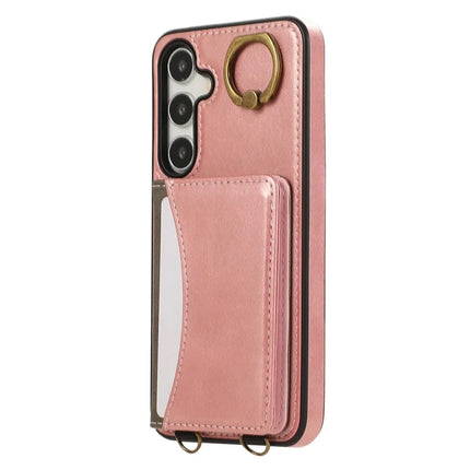 For Samsung Galaxy S24 PU Leather Back Case Card Holder Kickstand Phone Cover with Wrist Strap