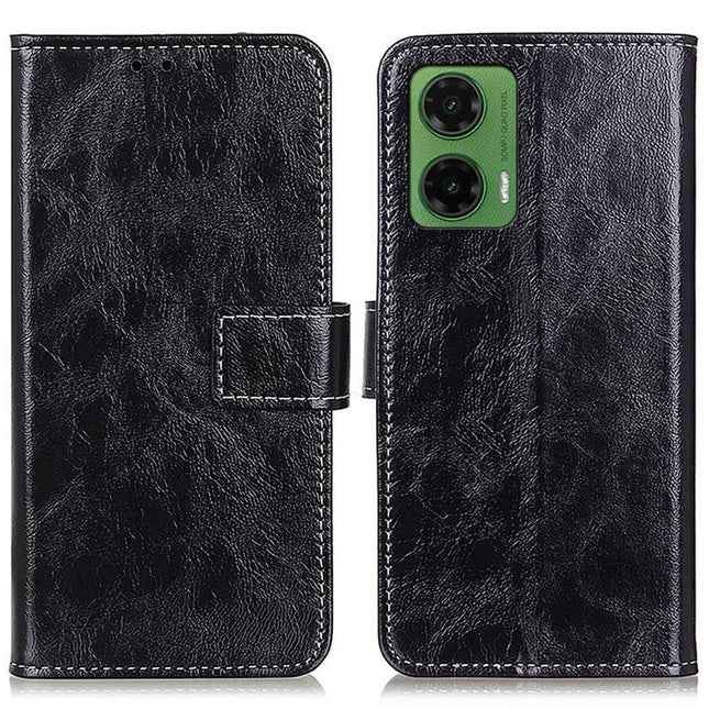 For Motorola Moto G35 5G Case Crazy Horse Texture Leather Phone Wallet Cover - Black