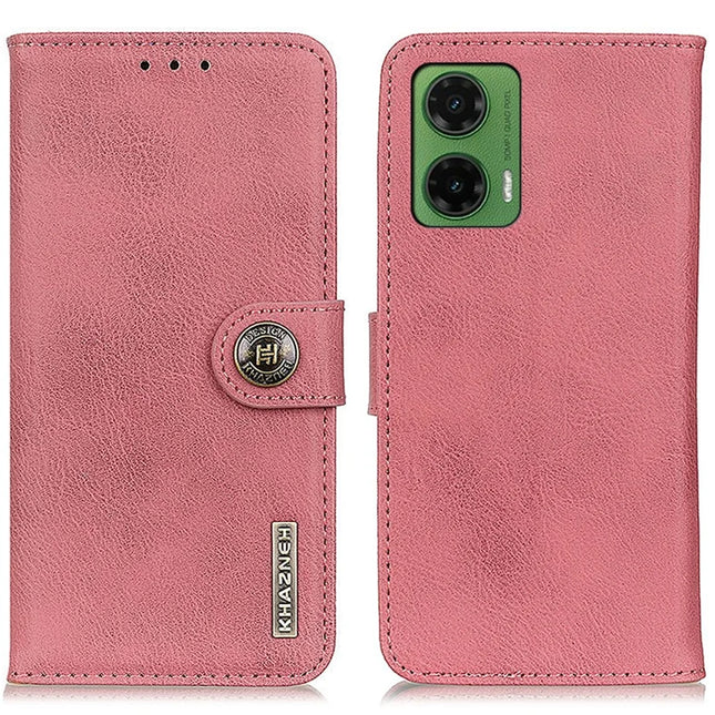 KHAZNEH For Motorola Moto G35 5G Wallet Case Cowhide Texture Leather Flip Phone Cover - Pink