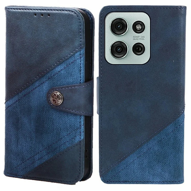 For Motorola Moto G75 5G Case Splicing Texture Leather Phone Cover Viewing Stand - Dark Blue
