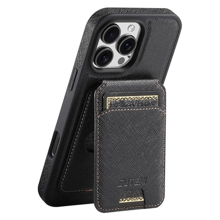 SUTENI M2 For iPhone 16 Pro Max Magnetic Case Cross Texture Leather Back Cover with Detachable Card Bag - Black