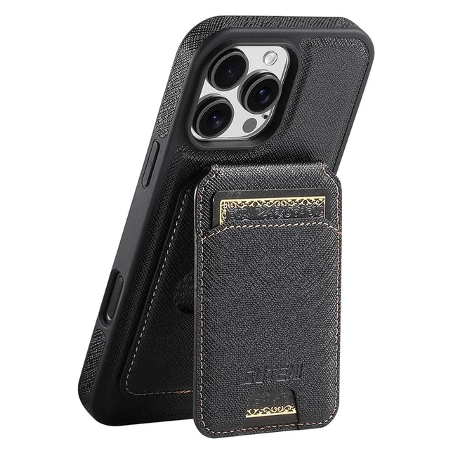 SUTENI M2 For iPhone 16 Pro Max Magnetic Case Cross Texture Leather Back Cover with Detachable Card Bag - Black