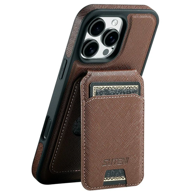 SUTENI M2 For iPhone 16 Pro Max Magnetic Case Cross Texture Leather Back Cover with Detachable Card Bag - Brown