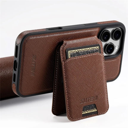 SUTENI M2 For iPhone 16 Pro Max Magnetic Case Cross Texture Leather Back Cover with Detachable Card Bag