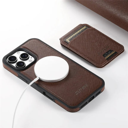 SUTENI M2 For iPhone 16 Pro Max Magnetic Case Cross Texture Leather Back Cover with Detachable Card Bag