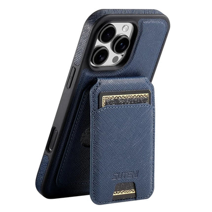 SUTENI M2 For iPhone 16 Pro Max Magnetic Case Cross Texture Leather Back Cover with Detachable Card Bag - Blue