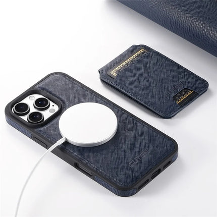 SUTENI M2 For iPhone 16 Pro Max Magnetic Case Cross Texture Leather Back Cover with Detachable Card Bag