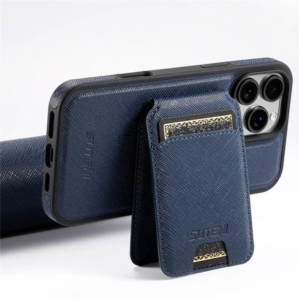 SUTENI M2 For iPhone 16 Pro Magnetic Case Cross Texture Leather Back Cover with Detachable Card Bag
