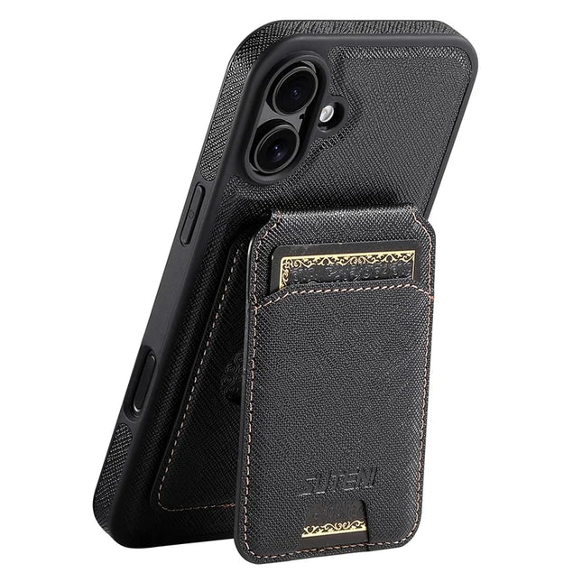 SUTENI M2 For iPhone 16 Plus Magnetic Case Cross Texture Leather Back Cover with Detachable Card Bag - Black