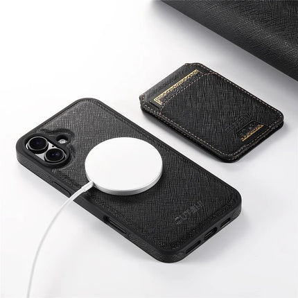 SUTENI M2 For iPhone 16 Plus Magnetic Case Cross Texture Leather Back Cover with Detachable Card Bag