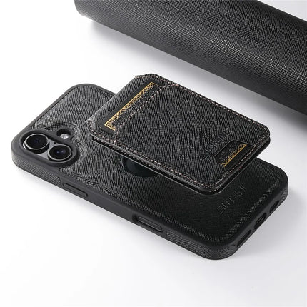 SUTENI M2 For iPhone 16 Plus Magnetic Case Cross Texture Leather Back Cover with Detachable Card Bag