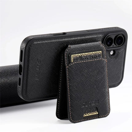 SUTENI M2 For iPhone 16 Plus Magnetic Case Cross Texture Leather Back Cover with Detachable Card Bag