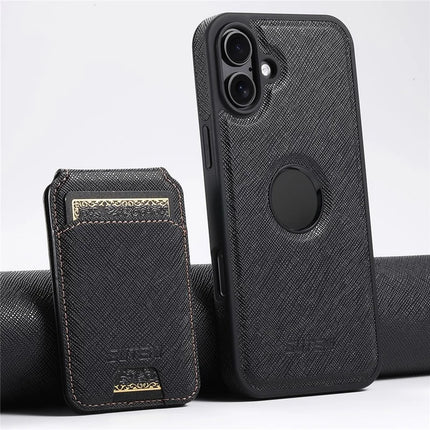 SUTENI M2 For iPhone 16 Plus Magnetic Case Cross Texture Leather Back Cover with Detachable Card Bag