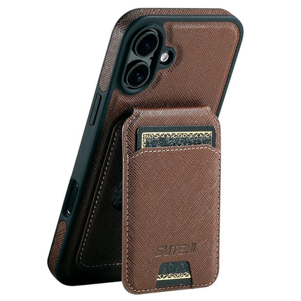 SUTENI M2 For iPhone 16 Plus Magnetic Case Cross Texture Leather Back Cover with Detachable Card Bag - Brown