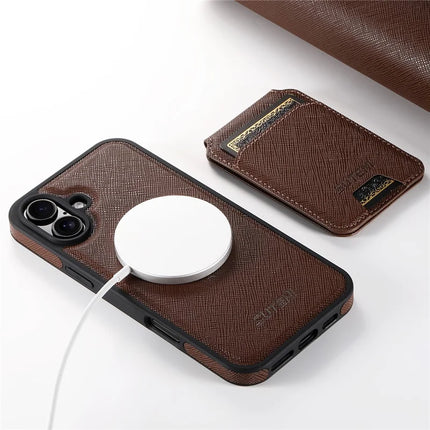SUTENI M2 For iPhone 16 Plus Magnetic Case Cross Texture Leather Back Cover with Detachable Card Bag