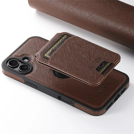 SUTENI M2 For iPhone 16 Plus Magnetic Case Cross Texture Leather Back Cover with Detachable Card Bag
