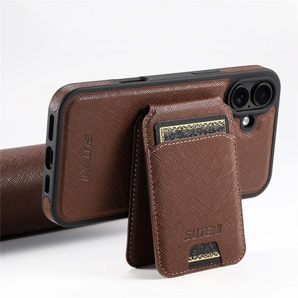 SUTENI M2 For iPhone 16 Plus Magnetic Case Cross Texture Leather Back Cover with Detachable Card Bag