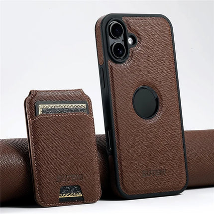 SUTENI M2 For iPhone 16 Plus Magnetic Case Cross Texture Leather Back Cover with Detachable Card Bag