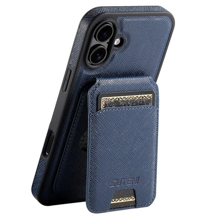 SUTENI M2 For iPhone 16 Plus Magnetic Case Cross Texture Leather Back Cover with Detachable Card Bag - Blue