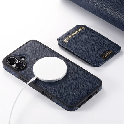 SUTENI M2 For iPhone 16 Plus Magnetic Case Cross Texture Leather Back Cover with Detachable Card Bag