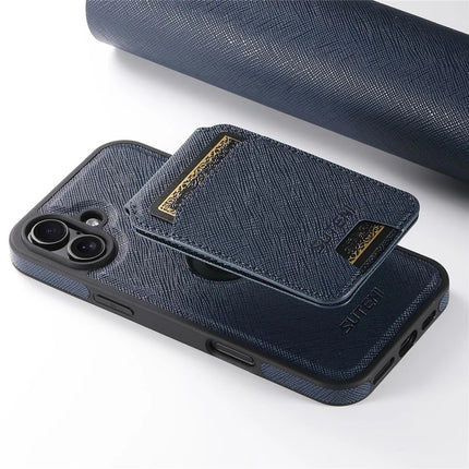 SUTENI M2 For iPhone 16 Plus Magnetic Case Cross Texture Leather Back Cover with Detachable Card Bag