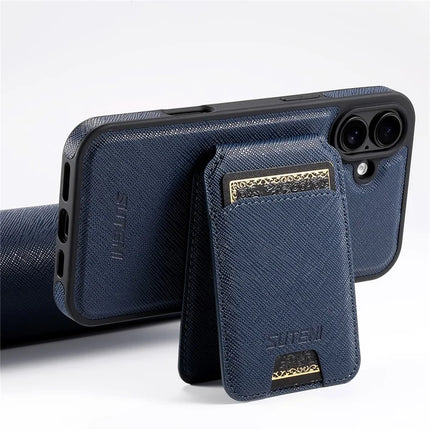 SUTENI M2 For iPhone 16 Plus Magnetic Case Cross Texture Leather Back Cover with Detachable Card Bag