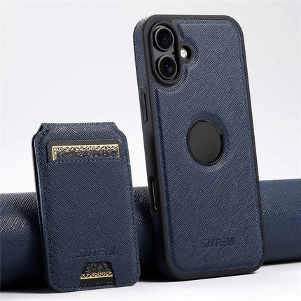 SUTENI M2 For iPhone 16 Plus Magnetic Case Cross Texture Leather Back Cover with Detachable Card Bag