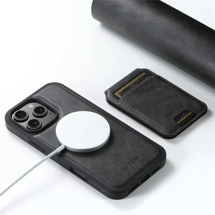 SUTENI M2 For iPhone 16 Pro Magnetic Phone Case Waxy Texture Leather+TPU Cover with Card Bag