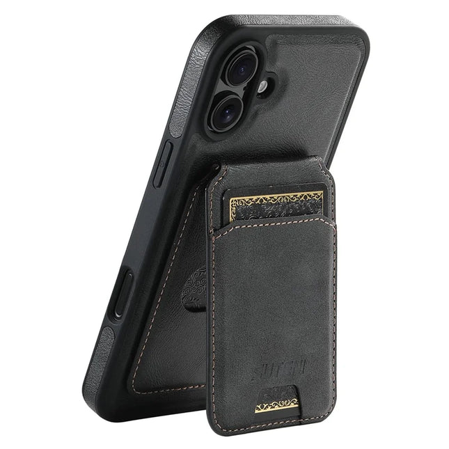 SUTENI M2 For iPhone 16 Plus Magnetic Phone Case Waxy Texture Leather+TPU Cover with Card Bag - Black