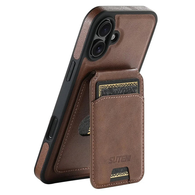 SUTENI M2 For iPhone 16 Plus Magnetic Phone Case Waxy Texture Leather+TPU Cover with Card Bag - Brown