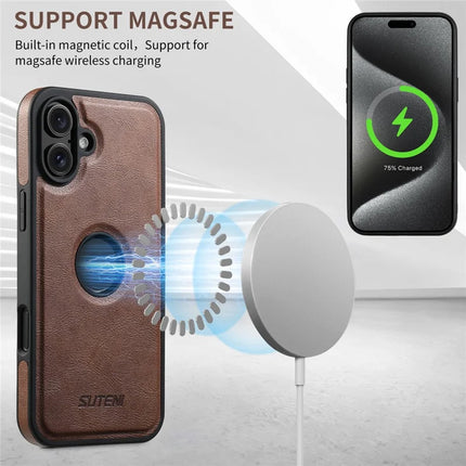 SUTENI M2 For iPhone 16 Plus Magnetic Phone Case Waxy Texture Leather+TPU Cover with Card Bag