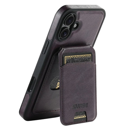 SUTENI M2 For iPhone 16 Plus Magnetic Phone Case Waxy Texture Leather+TPU Cover with Card Bag - Purple