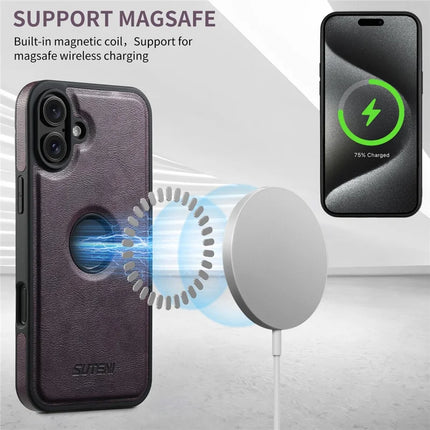 SUTENI M2 For iPhone 16 Plus Magnetic Phone Case Waxy Texture Leather+TPU Cover with Card Bag