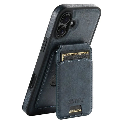 SUTENI M2 For iPhone 16 Plus Magnetic Phone Case Waxy Texture Leather+TPU Cover with Card Bag - Blue