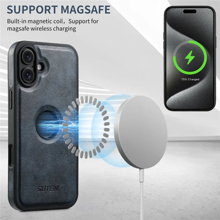 SUTENI M2 For iPhone 16 Plus Magnetic Phone Case Waxy Texture Leather+TPU Cover with Card Bag