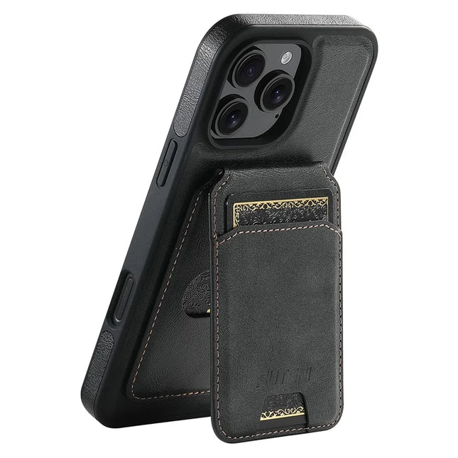 SUTENI M2 For iPhone 16 Pro Max Magnetic Phone Case Waxy Texture Leather+TPU Cover with Card Bag - Black