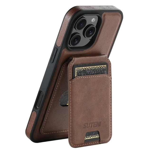 SUTENI M2 For iPhone 16 Pro Max Magnetic Phone Case Waxy Texture Leather+TPU Cover with Card Bag - Brown
