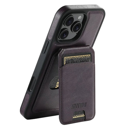 SUTENI M2 For iPhone 16 Pro Max Magnetic Phone Case Waxy Texture Leather+TPU Cover with Card Bag - Purple