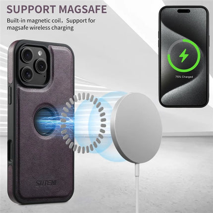 SUTENI M2 For iPhone 16 Pro Max Magnetic Phone Case Waxy Texture Leather+TPU Cover with Card Bag