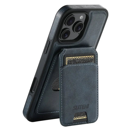 SUTENI M2 For iPhone 16 Pro Max Magnetic Phone Case Waxy Texture Leather+TPU Cover with Card Bag - Blue