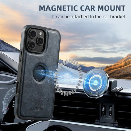SUTENI M2 For iPhone 16 Pro Max Magnetic Phone Case Waxy Texture Leather+TPU Cover with Card Bag