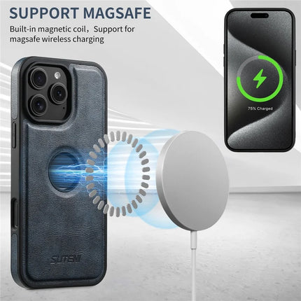 SUTENI M2 For iPhone 16 Pro Max Magnetic Phone Case Waxy Texture Leather+TPU Cover with Card Bag